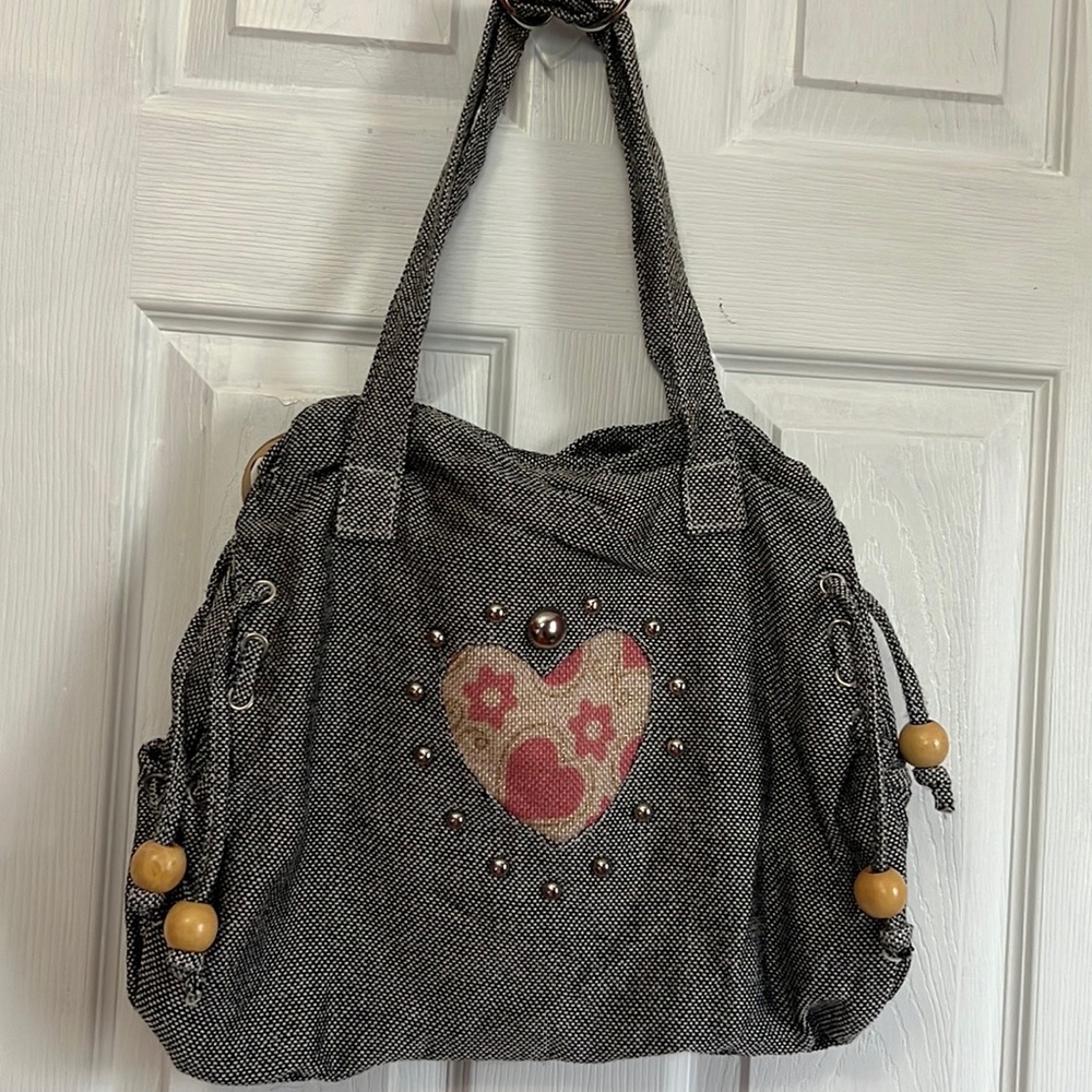 Womens Shoulder Bag Medium Wooden Beads Grey Pink Zipper Pockets ❤️ Front NWOT